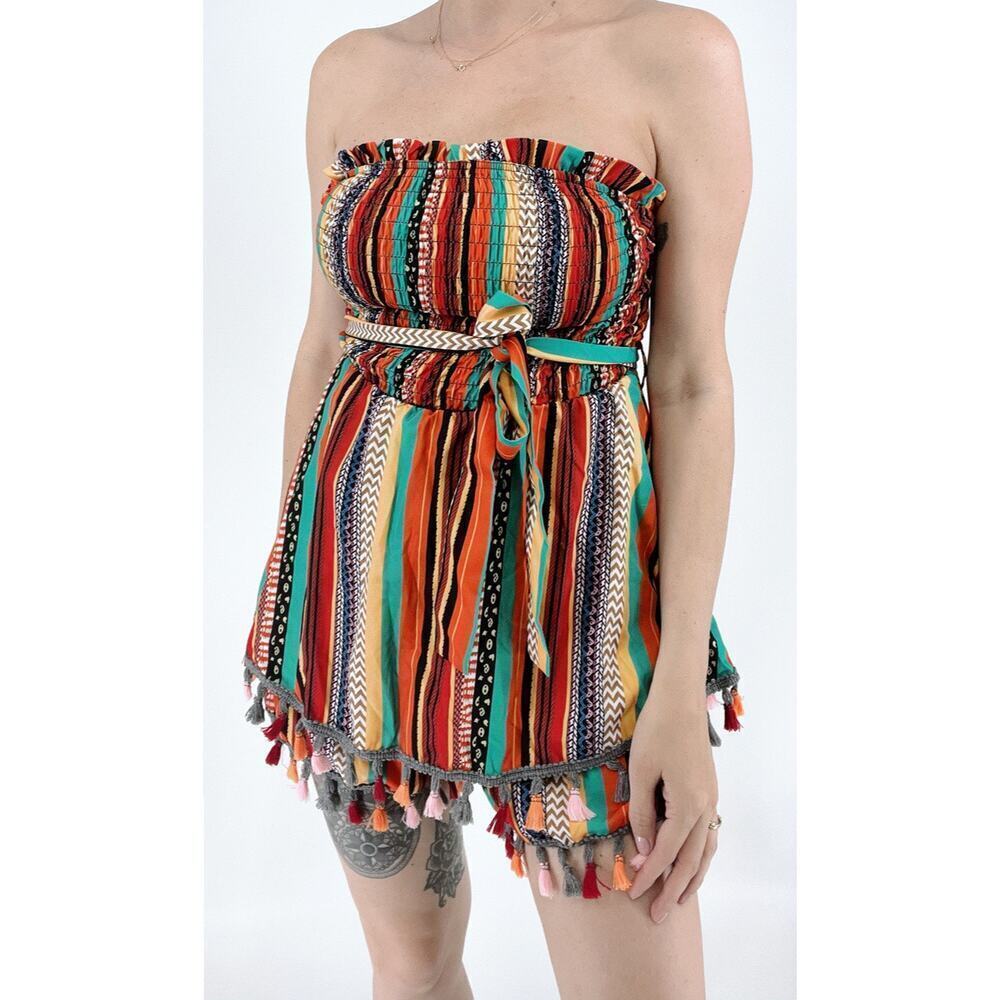 Women's Smocked Multicolor Stripe Tassel Hem Romper Size Small
